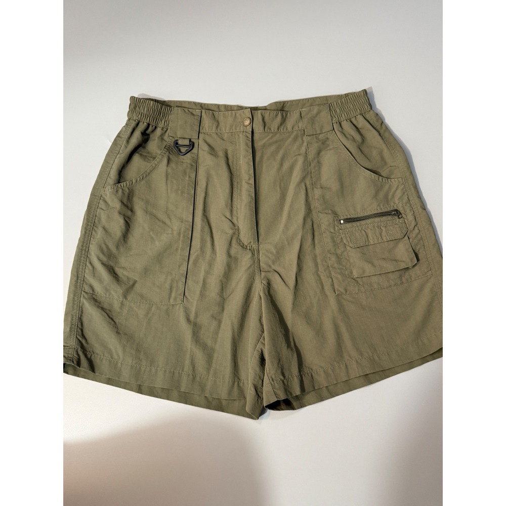 Womens Olive Green Cargo Hiking Shorts Elastic Waist Multi-Pocket Utility 14